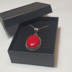 Red Stone Pendant Silver Necklace